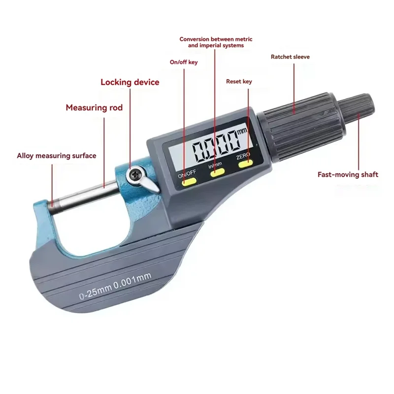 

ABZC-0.001Mm Electronic OD Micrometer 0-25Mm Digital Micrometer Carbide Tip Measuring Tool Caliper Gauge Micrometer