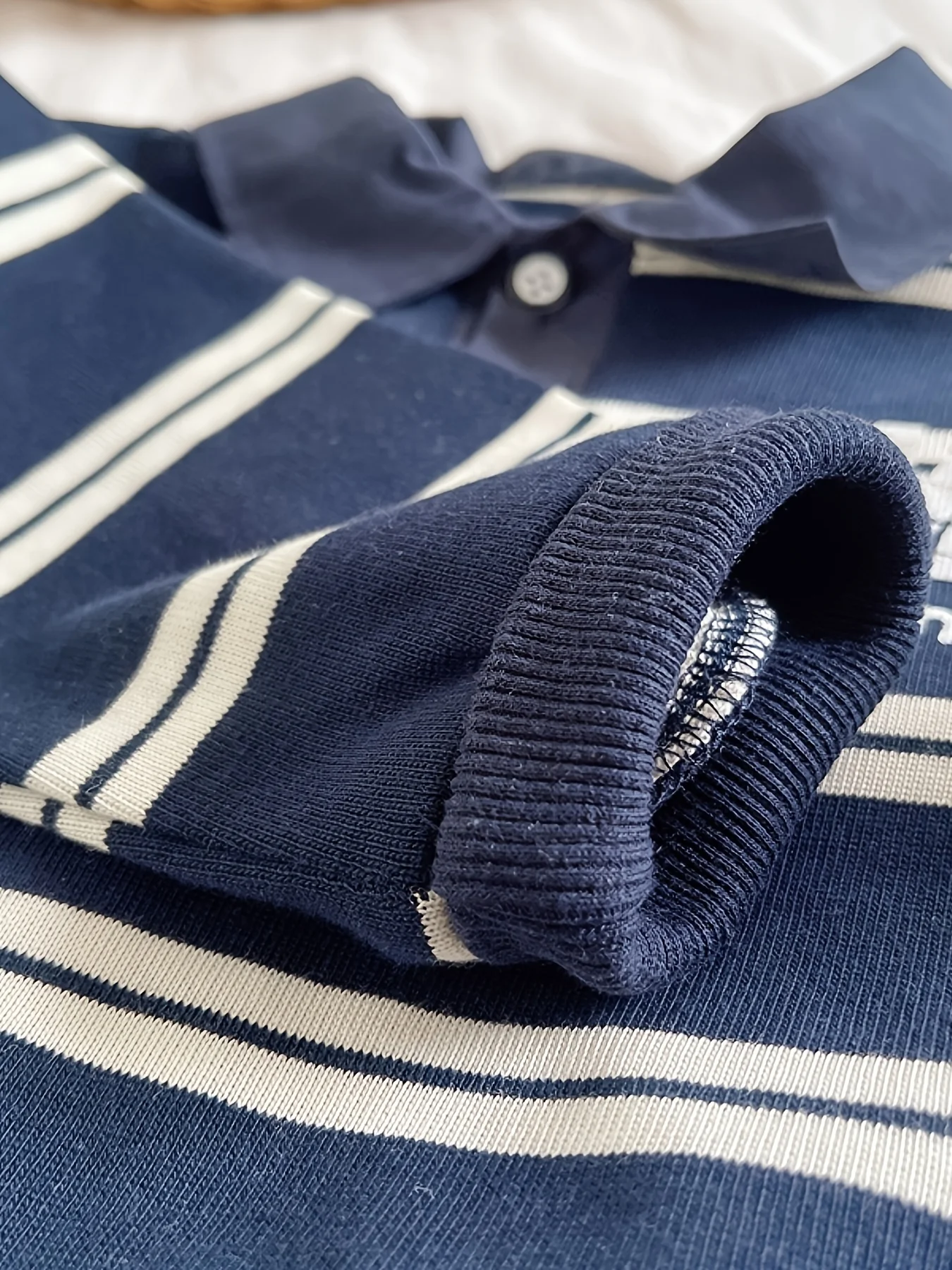 New Infant Striped Polo Shirt Two Piece Set Boys Preppy Collar Long Sleeve Top Loose Rolled Hem Trousers Casual Baby Cloth