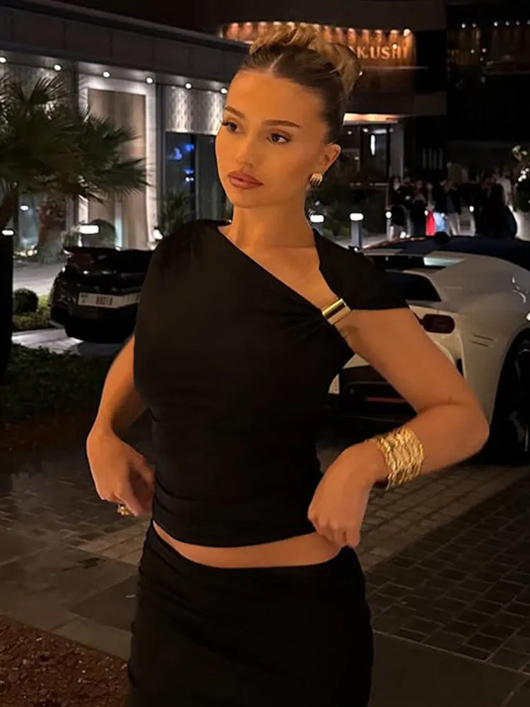 スキュー襟半袖シャーリングメタル Tシャツレディースソリッドカジュアルエレガント Y2K トップスクラブストリート夏