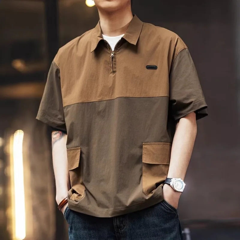 

Summer American Vintage Short Sleeve Polo Cargo T Shirt Men Loose Casual Polos High Street Plain Lapel Oversized Blouses Hombre