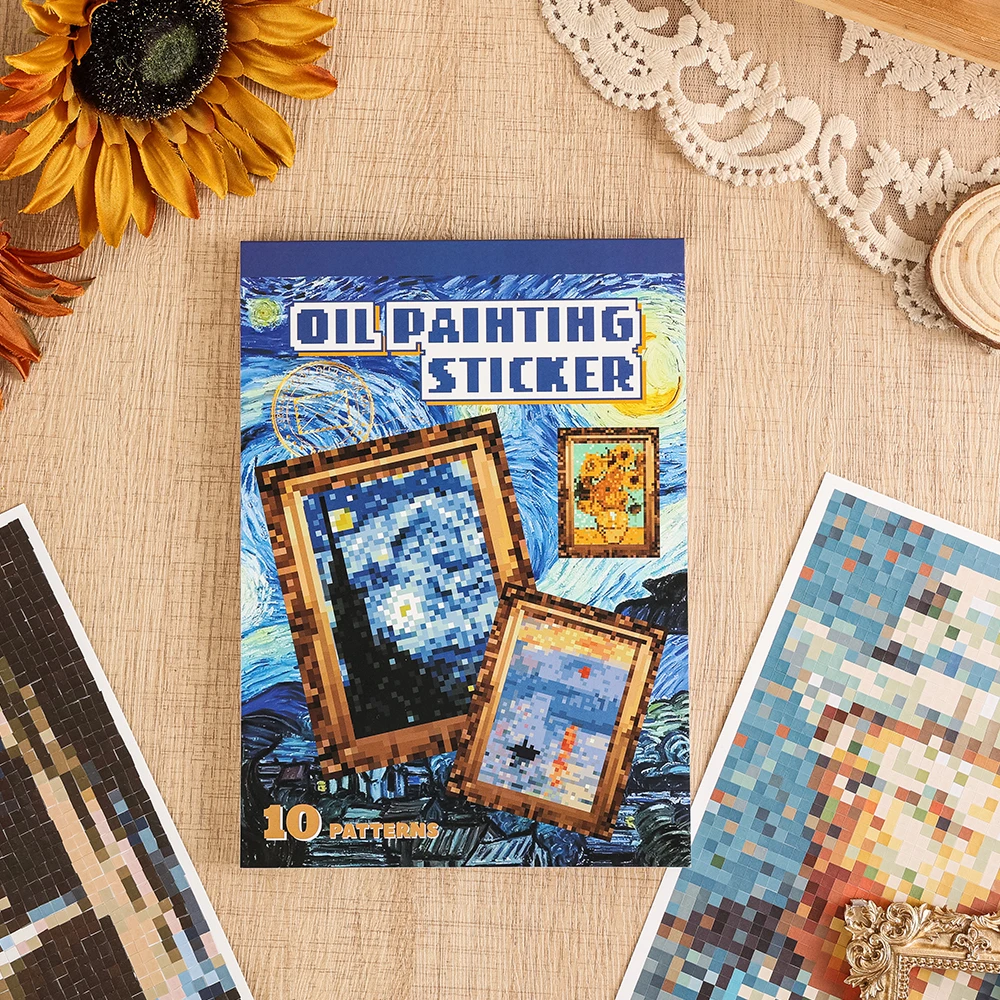 Retro Oil Painting Pixel Art Sticker Book 10 Patterns + 20 Sheets Color Block Mosaic Activity for Creative Gift Art Hobbyists view 2