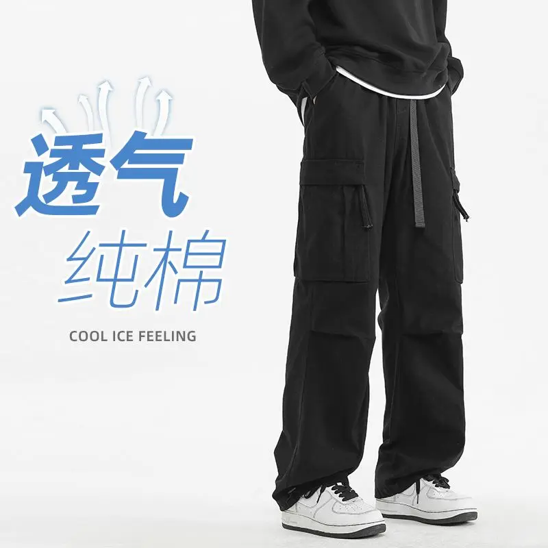 سراويل عمل من القطن الخالص للفصول الأربعة، سراويل High Street الأمريكية، سراويل رياضية وترفيهية فضفاضة متعددة الجيوب #5
