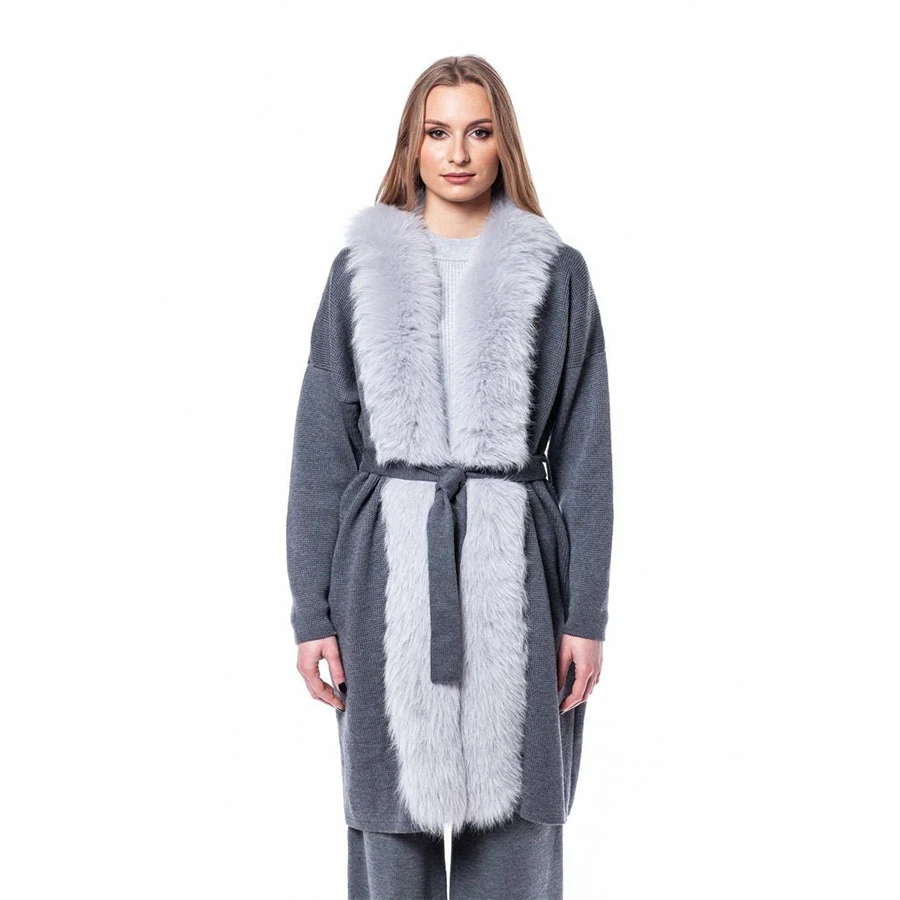 

New Cashmere Coat Women Wool Long Real Fox Collar Gray Women's Wool Coat 2024 New Arrivals Cardigan Luxury Women With Pockets