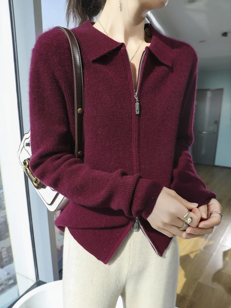 Autumn Winter Women Zipper Cashmere Cardigan POLO Collar Casual Sweater 70% Merino Wool and 30% Goat Cashmre Knitwear Female Co