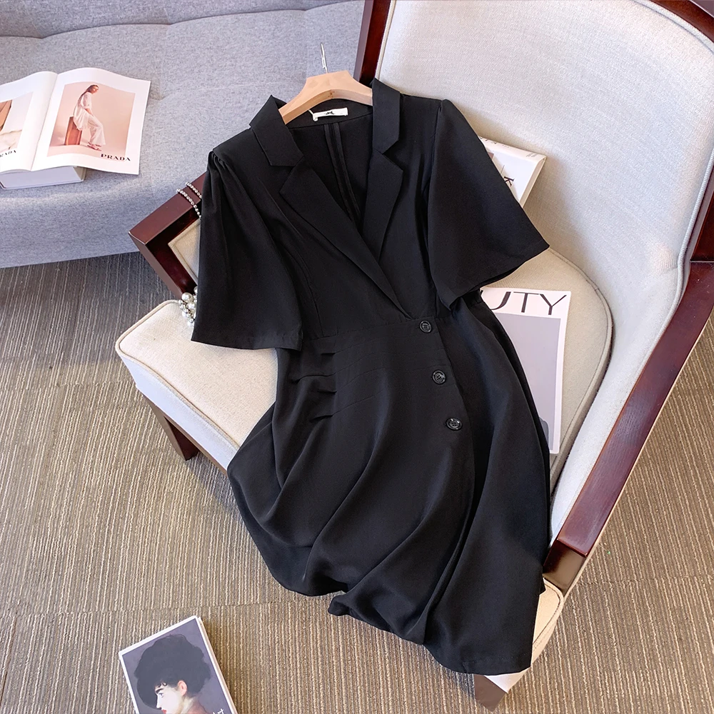 Plus size women's summer casual dress Black polyester fabric loose comfortable commuter dress button decoration 2024 new model