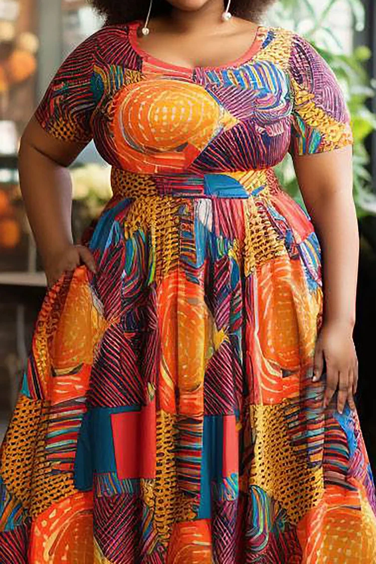 Plus Size Daily Maxi Dresses Casual Multicolor Ankara Spring Summer Round Neck Short Sleeve Pocket Knitted Maxi Dresses