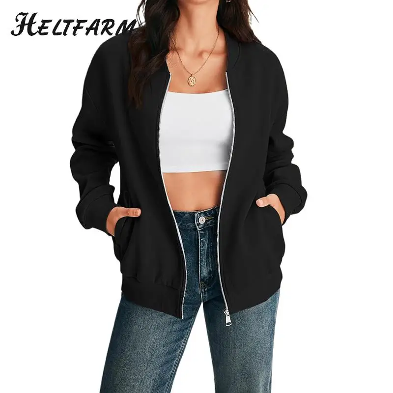 Women\'s Jacket Long Sleeve Zip Solid Sweatshirt Jacket Casual Loose Jacket (With Pockets)