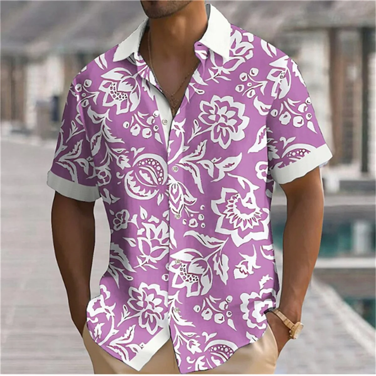 2023 Summer New Feather Printing Fashion Leisure Outdoor Designer Street Men\'s High Quality Button T-shirt Short Sleeve Shirt