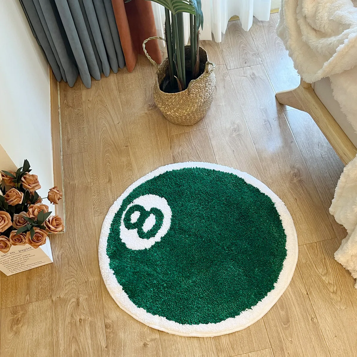 Round Tufting Number 8 Rug Soft Green Mat Billiards Ball Carpet Children Bedroom Corridor Floor Foot Pad Home Room Decor Gift