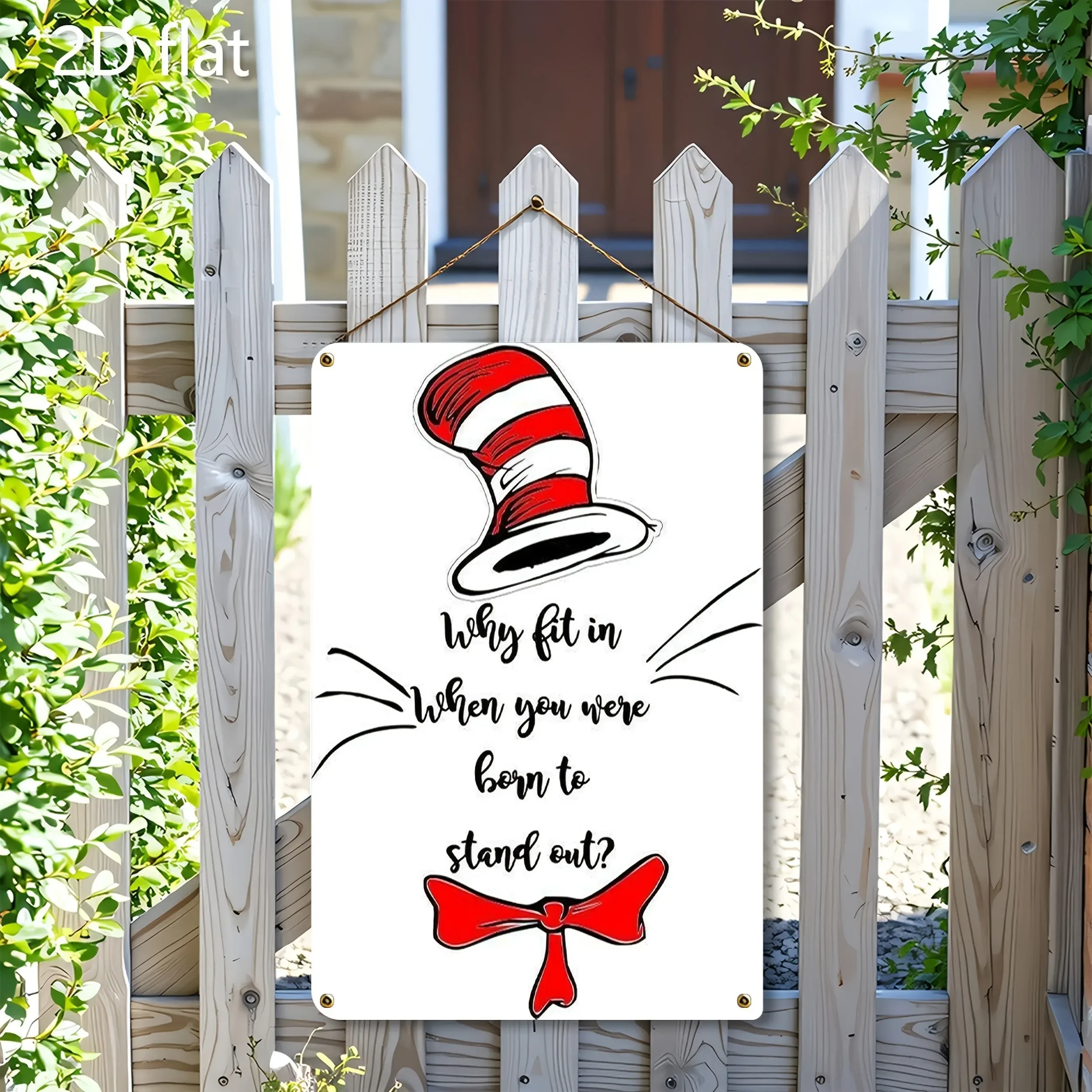 1pc Dr. Seuss the Cat in the Hat 2D Flat Metal Sign Red-White Stripe 7.87x11.8 Inch Inspirational Quote Home Office Decor