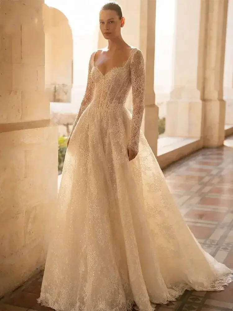 Classic Lace Wedding Dress 2026 Sweetheart A-Line Long Sleeves Sequined Princess Birde Bridal Gowns New Vestido De Novia