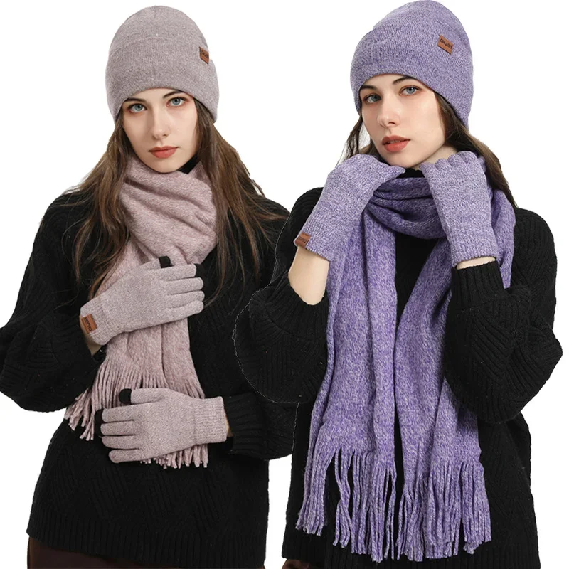 

Knitted Hat And Scarf 3 Piece Set Women Large Head Suitable For Thickened Winter Snowflake Warm Hat Gloves Scarf Set