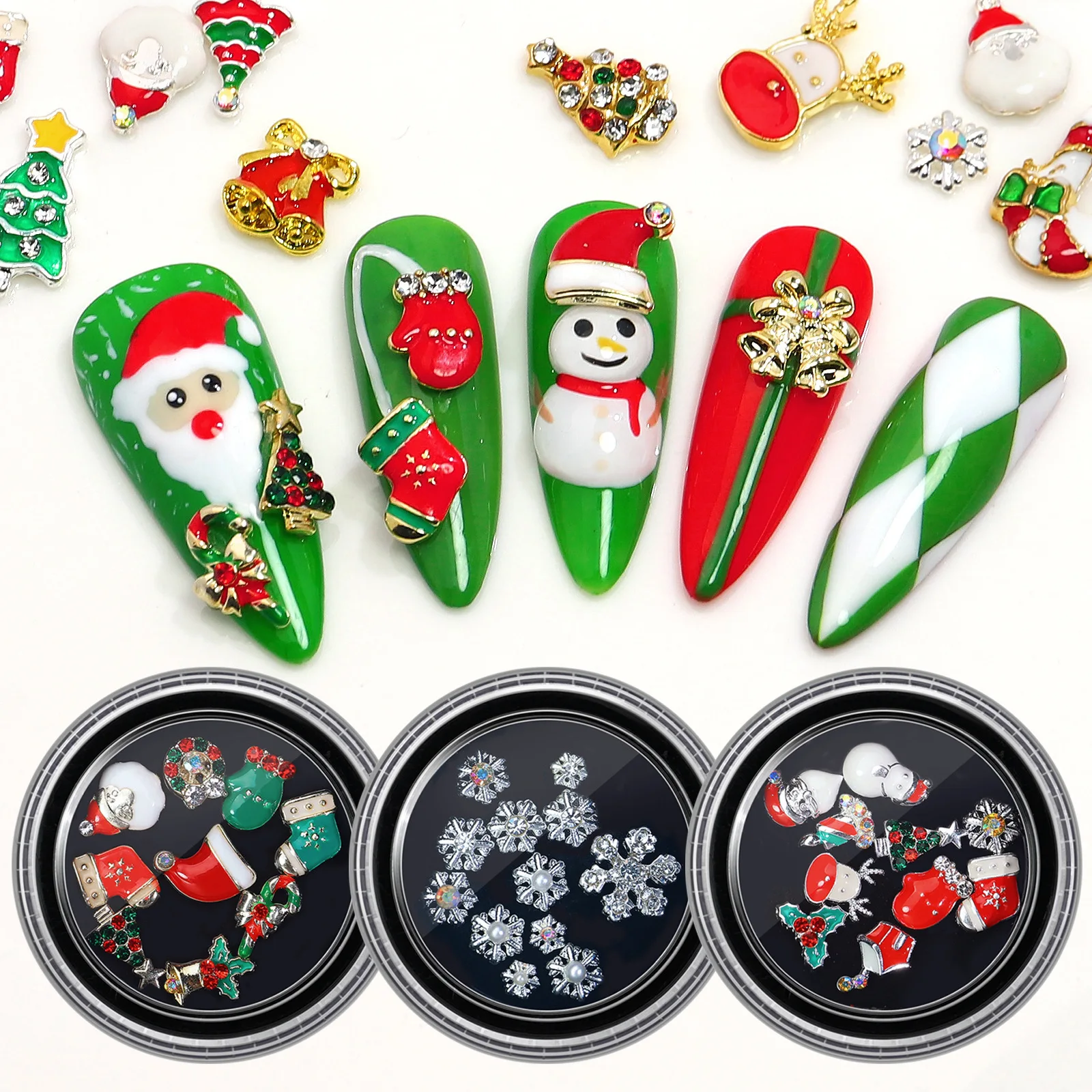 10/12 pçs papai noel floco de neve presente liga rebites pérola mista prego broca diy beleza do prego decoração para o natal