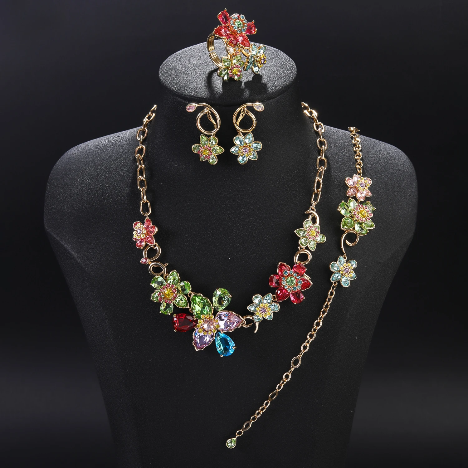 Pretty CZ Zircon Flower Bridal Wedding Necklace Earring Ring Bracelet Sets Women Party Prom Jewelry Accessories CN11616F