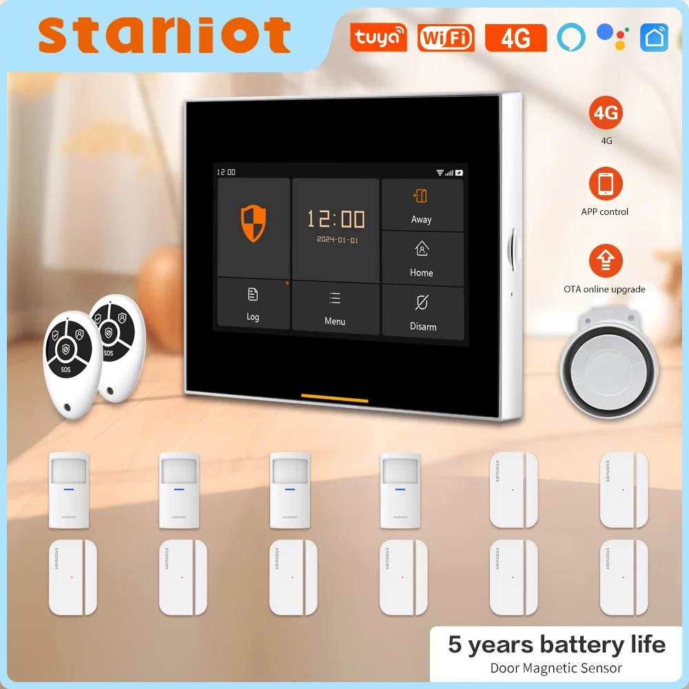 Staniot 433MHz Wireless Security Protection Kits WiFi 4G Tuya Samrt Home Security Alarm System Works With Alexa Google APP Remot