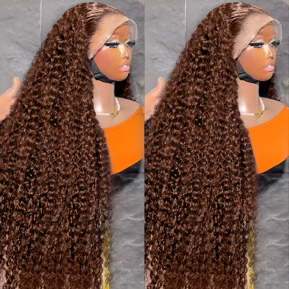 Parrucca per capelli umani con onda profonda marrone cioccolato Parrucche frontali in pizzo trasparente da 36 pollici Parrucca anteriore in pizzo 13x4 con onda riccia d'acqua per le donne