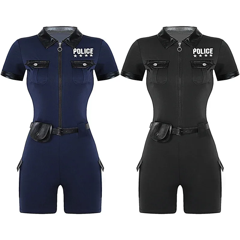

Women Policewoman Costume Police Romper Uniform Cop Officer Outfit Zipper Jumpsuit with Belt Purse Sets Halloween Party Dress Up