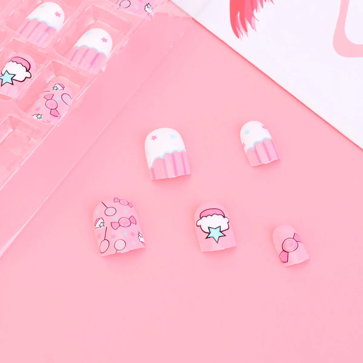 

24Pcs Press on Nail Set for Kids Cute Children Fake Nails with Glue Back Easy DIY Nail Art Design for Parties Holiday Events