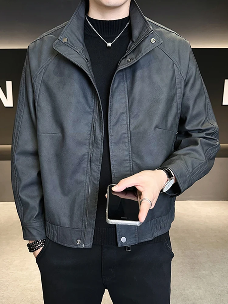 Thiened Fce اصطف الرجعية الأمريكية Jaet الرجال ملابس خارجية بولي Leather الجلود السائق Sle الخريف الشتاء الراقية يشعر الوقوف طوق