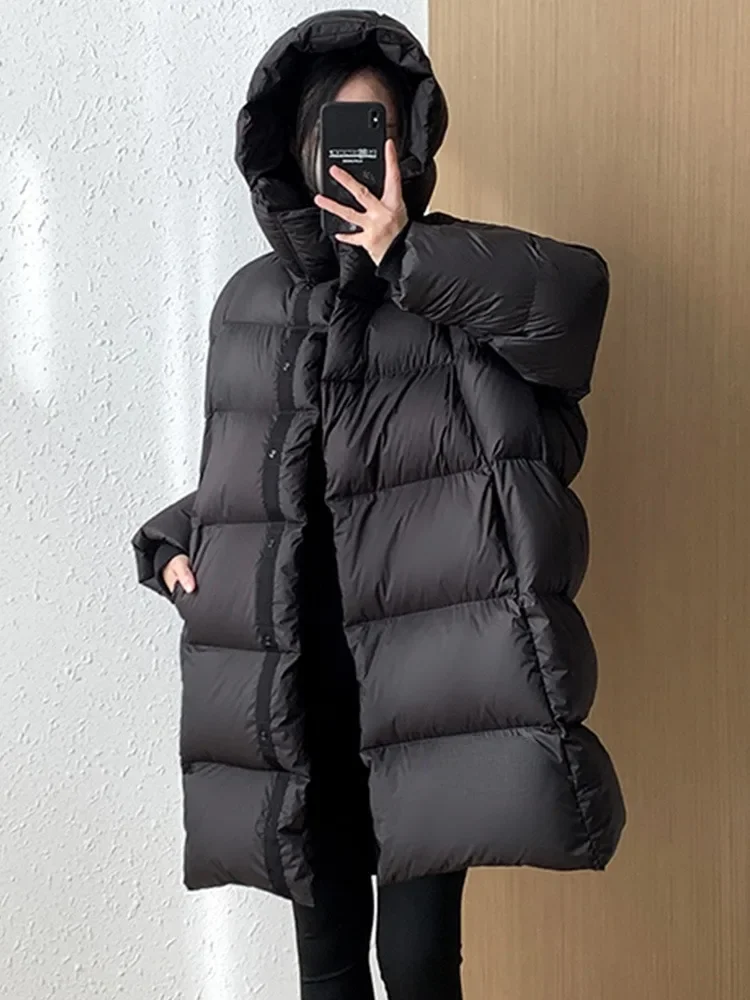 2024 nuova felpa con cappuccio invernale piumino d'anatra bianco donna addensato caldo soffice tinta unita piumino lungo oversize