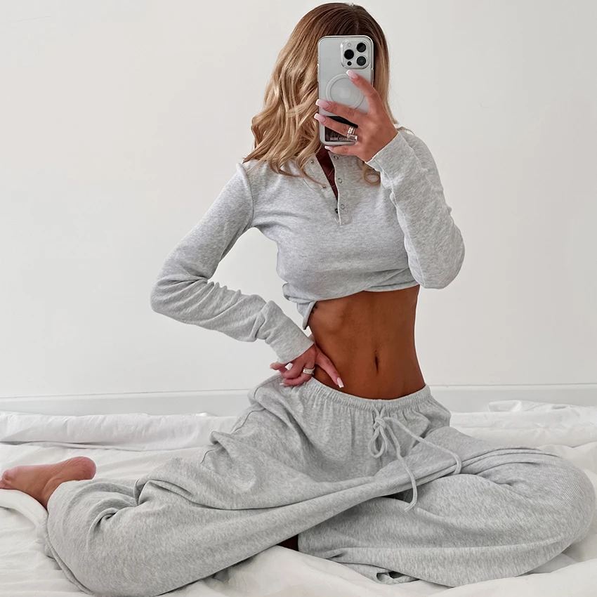 HiLoc Flower Gray Casual Knitted Elastic Ladies' Pajamas Two-Piece Long Sleeve V-Neck Short Top Elastic Waist Full Length Pants