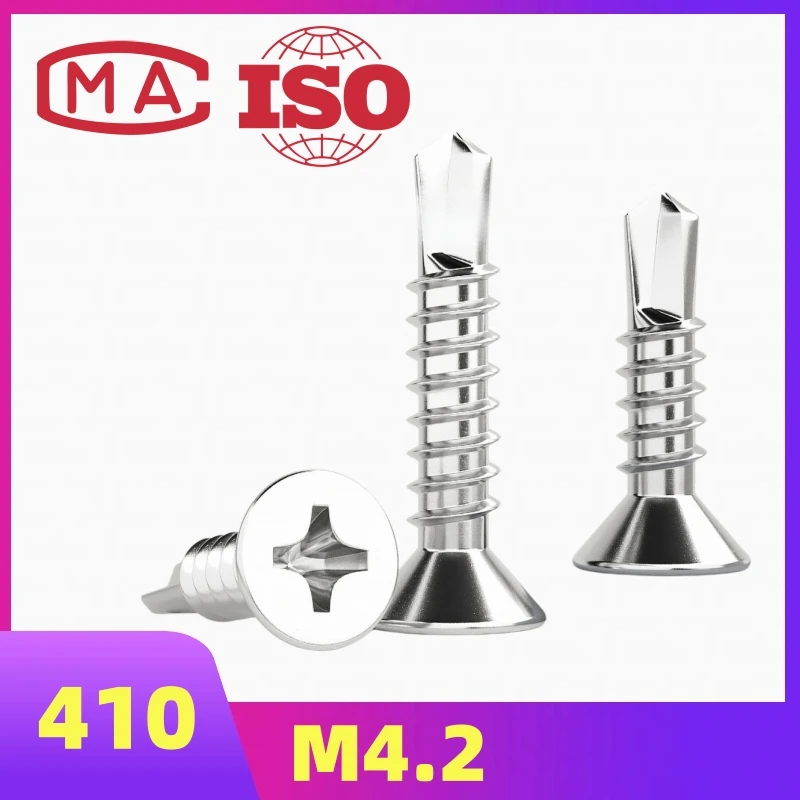 50Pcs 410 Stainless Steel Self Tapping Screws M4.2 #8 Flat Head Self Drilling Wood Screws High Strength Metal Sheet Fasteners