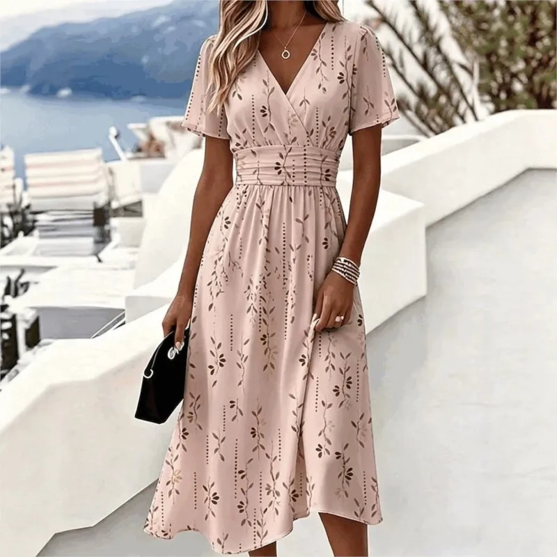 Böhmisches Modisches Bedrucktes Mittellanges Damenkleid Sommer Elegantes V-Ausschnitt Urlaubskleid Damen Schickes Hochgeschnittenes Bürokleid Vestidos