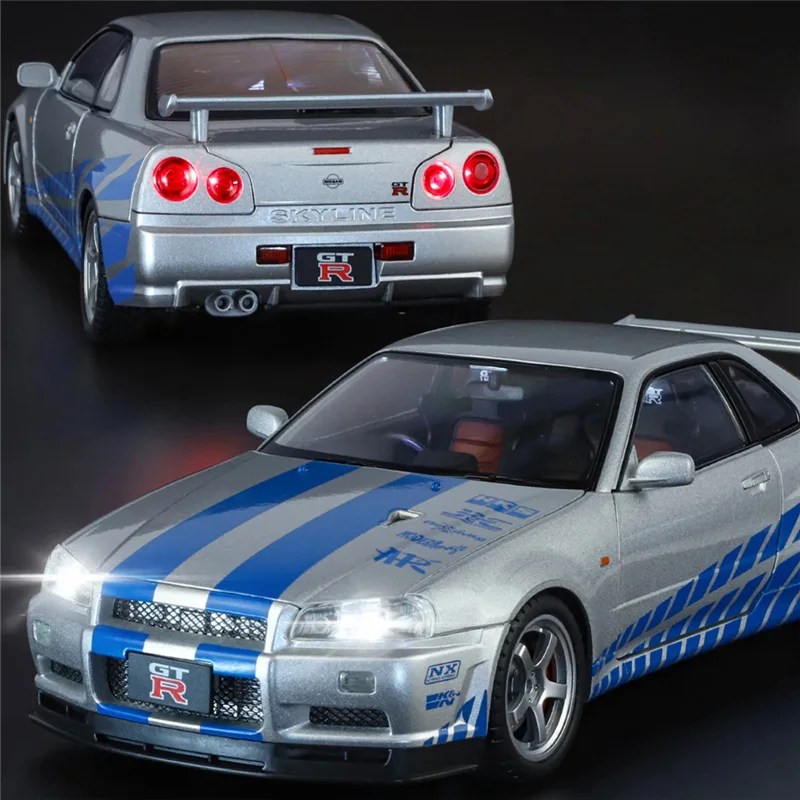 

Большой размер 1:18 GTR GT-R R34 Skyline Ares, модель спортивного автомобиля из сплава, литье под давлением, металлический гоночный автомобиль, модель звука, свет, подарки для детей
