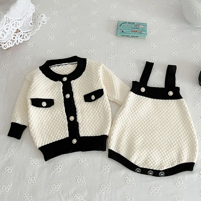 Autumn Winter Children Knitted Clothing Suit Long Sleeved Knitted Cardigan Coat+Jumpsuit Toddler Baby Girls Clothes Set