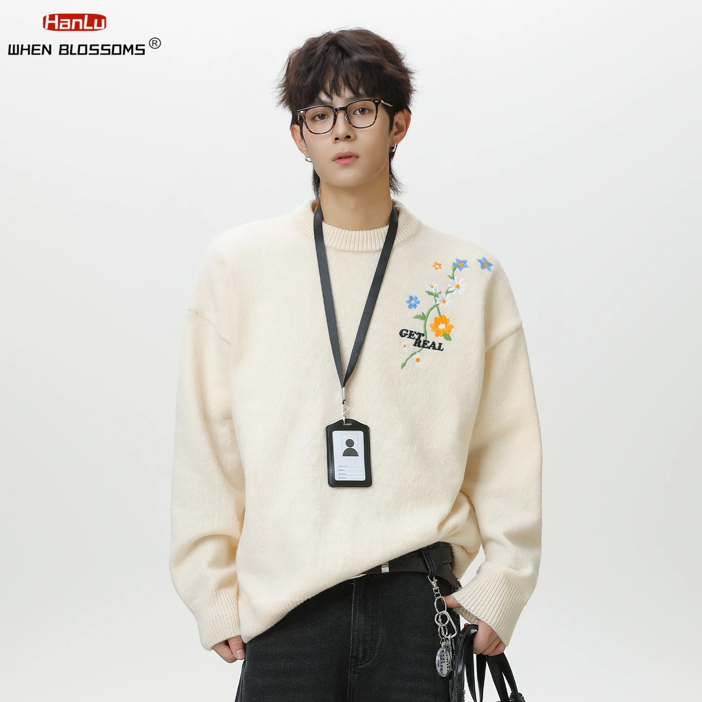 Hanlu 2025 Men's Floral Embroidered Sweater Japanese Oversized Knitwear Heavyweight Warm Pullover Casual Fall Winter Coat