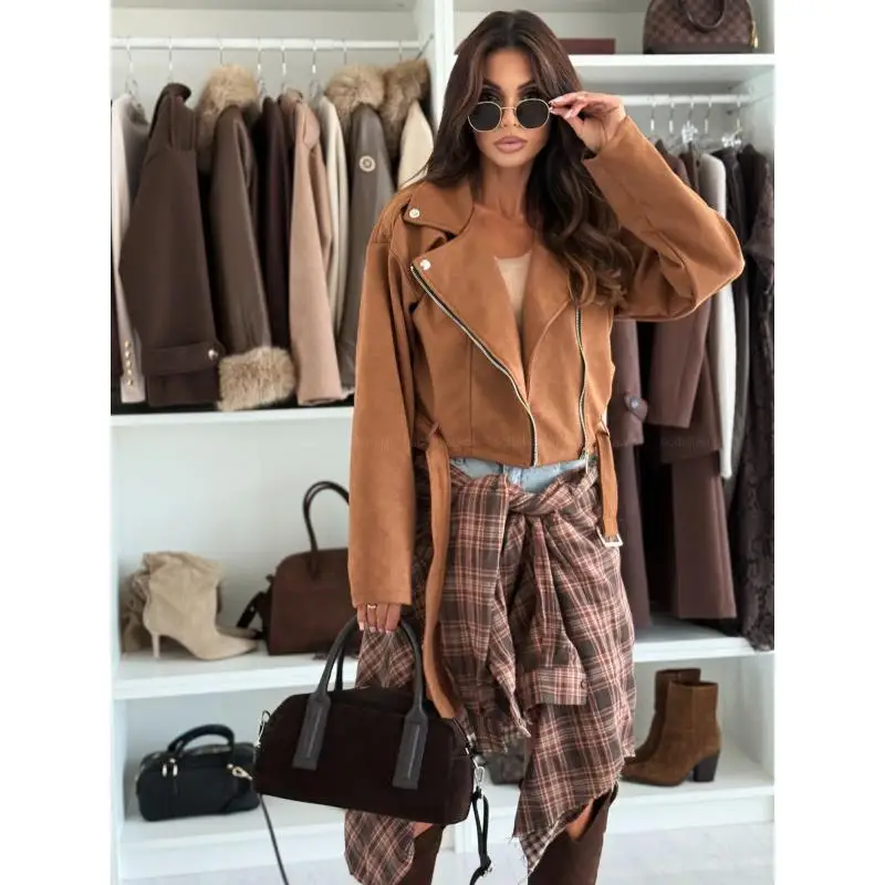 

Faionable Long Sve Suede Jaet Zipper Collar Color Women's Slim Fit Outerwear Briti Sle Autumn Winter New Arr...