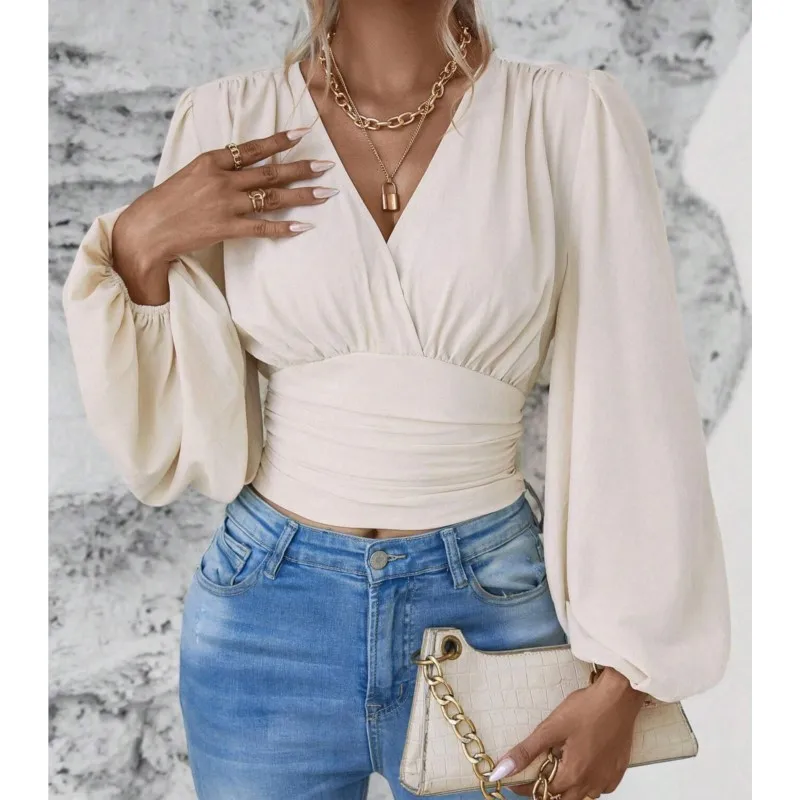 Elegant Lantern Sleeves Crop Top 2024 Spring Autumn New Fashion V-neck Solid Color Ruffled Women\'s Long Sleeved Black Blouse Y2K