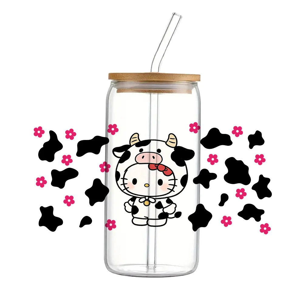 11x24cm Cute Milk Cow Hello Cat Sanr UV DTF Wraps Sticker DIY For 16oz Glass Cup Waterproof Decals Phone Case Girls Sticker view 6