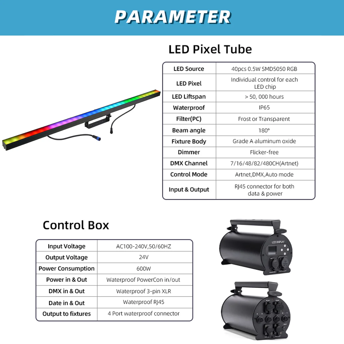 Bandes lumineuses à LED RVB polychrome, effets de scène IP65, mode DMX 512, boîte de commande Artnet, utilisation en extérieur, 3 en 1, 8 pièces