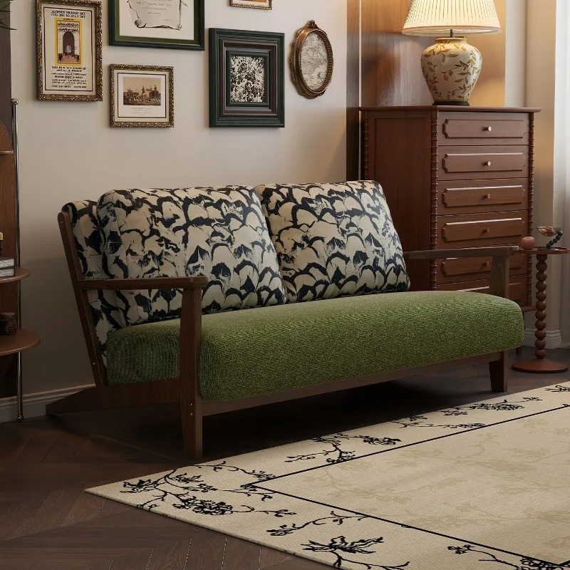 

American retro solid wood double sofa small apartment bedroom antique fabric small sofa