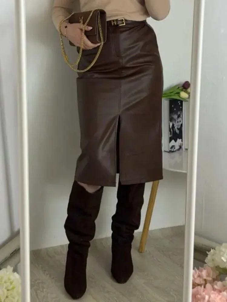 Long Leather Skirts For Women Brown High Quality PU Midi Bodycon Skirt Front Split High Waist Women's Leather Skirt Black Midi