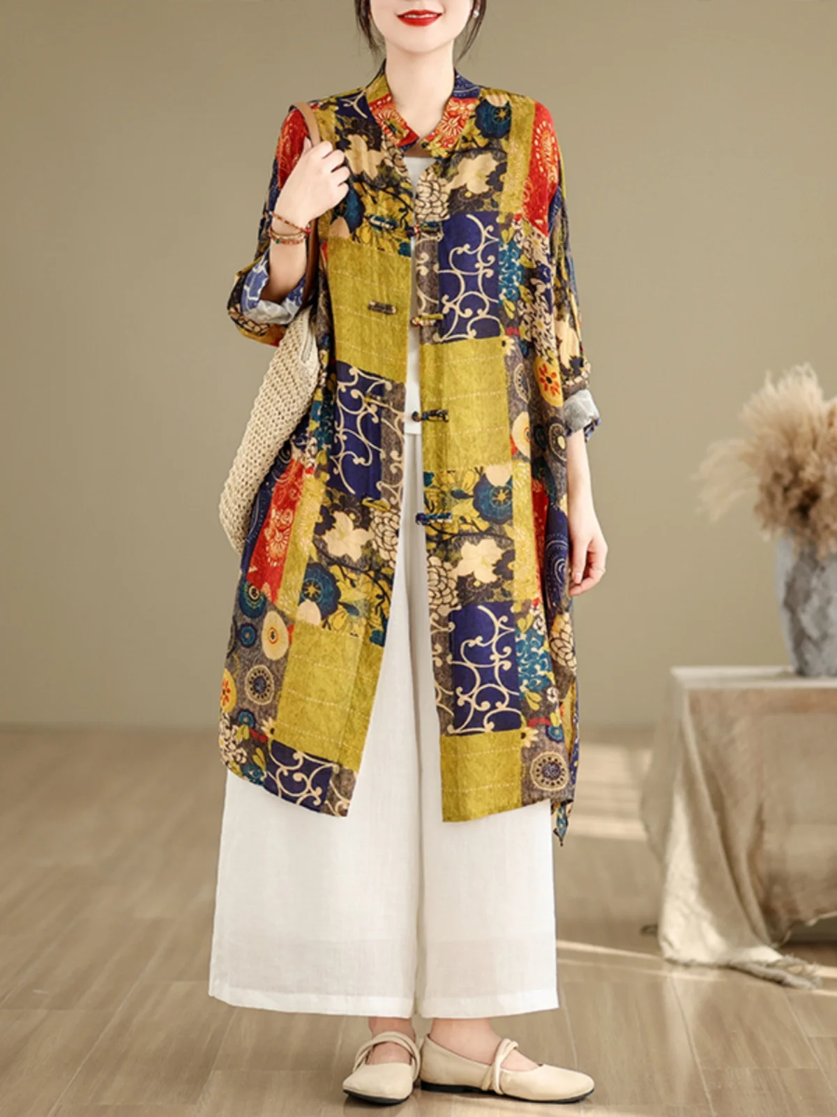 Nuevo Cárdigan largo abierto chino Sle irt para mujer, ropa de abrigo Retro con protección solar, detalle de botones holgado