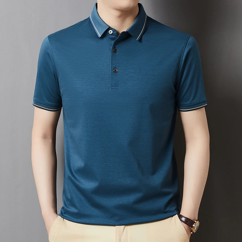 

High Brand Mulberry Silk Men's Polos Summer Classic Solid Lyocell Cotton Shirt Short Sleeve Male Silk Cotton Polo Shirts