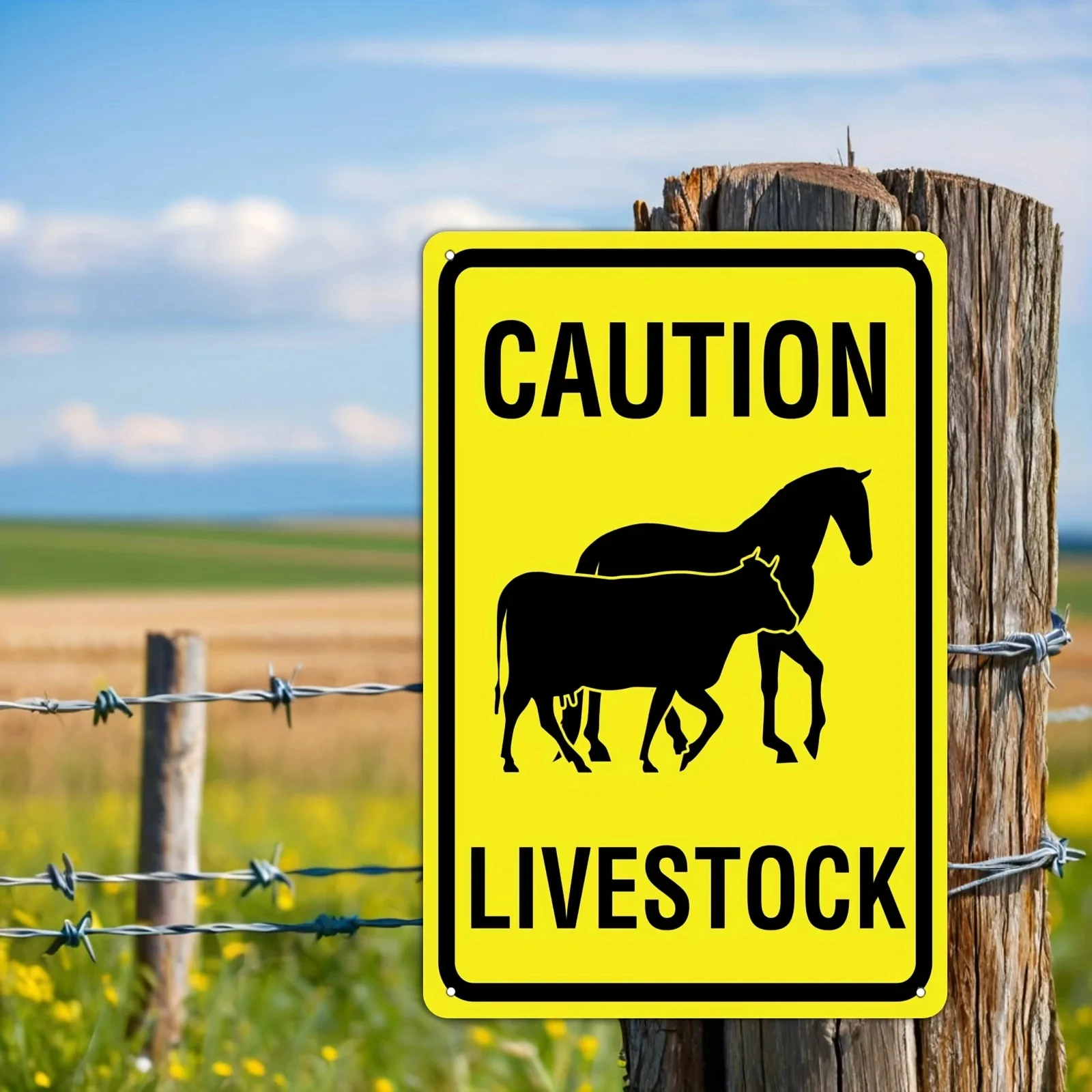 2D Flat - 1 Piece Warning Livestock Sign - Bright Yellow Metal Wall Art with Horse and Cow Patterns, 8x12inch Iron Art Outdoor Decoration