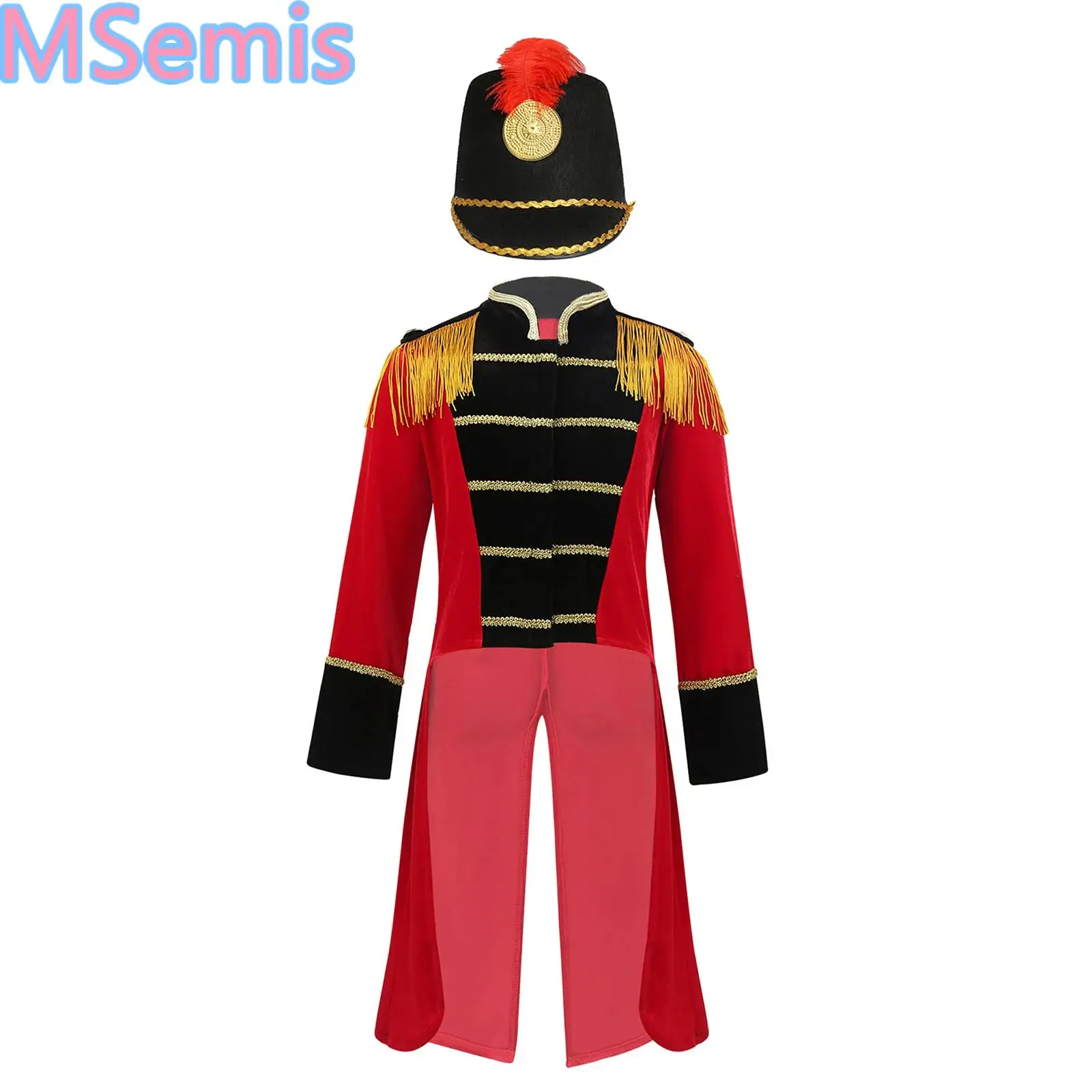 

Kids Circus Drummer Costume Sets Long Sleeves Fringe Epaulet Tailcoat Jacket with Drummer Hat for Halloween Role Play
