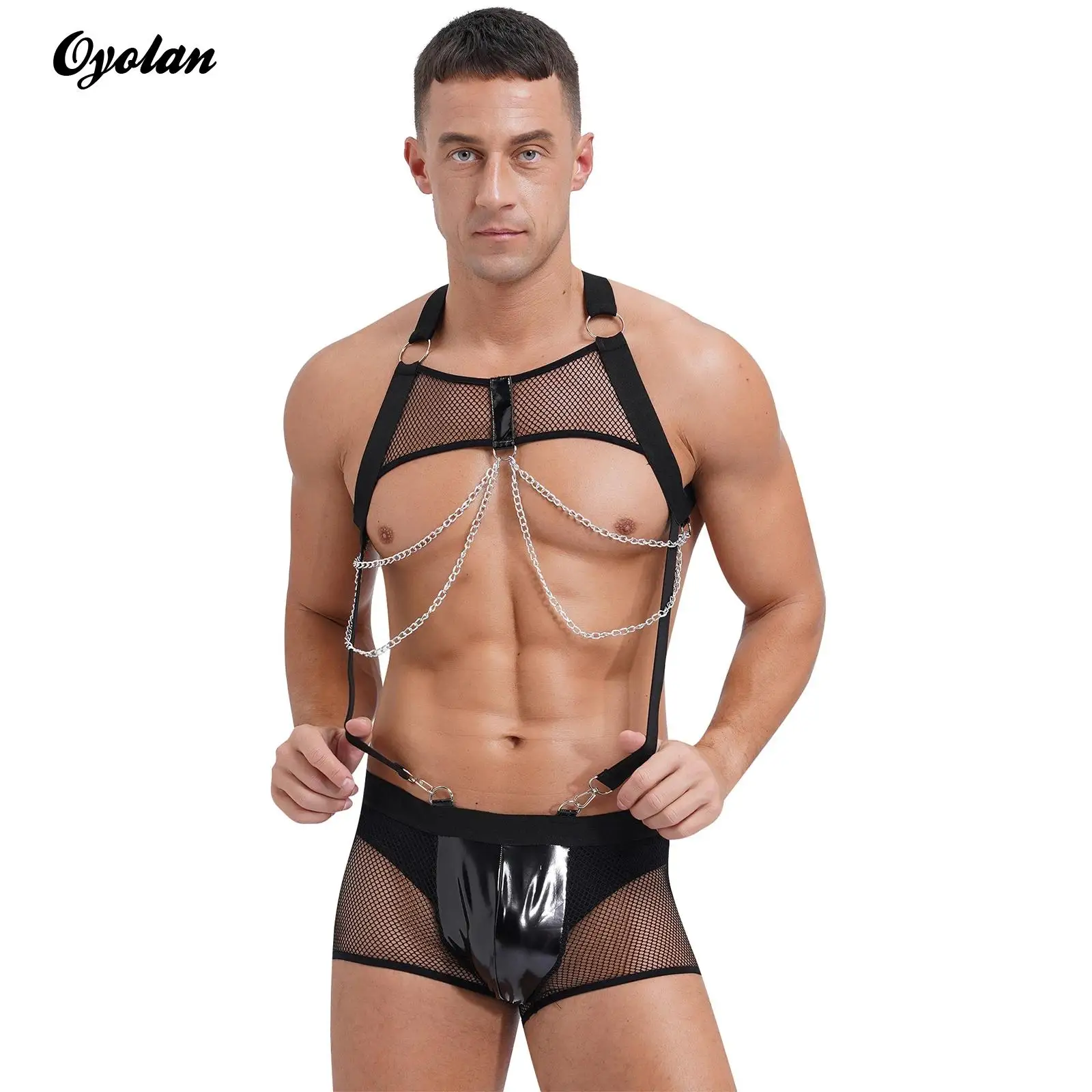 

Mens Lingerie See Through Fishnet Bodysuit with Chain Chest Chained Harness with Glossy Pouch Trunks Shorts Sexy Rave Clubwear