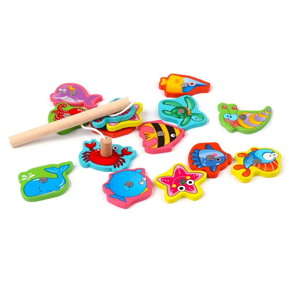 Veelkleurig Montessori Visserijspel Cartoon Vis Hout Magnetisch Visserijspeelgoed Magnetisch Ontwerp Metalen Doos Verpakking Visvangspel