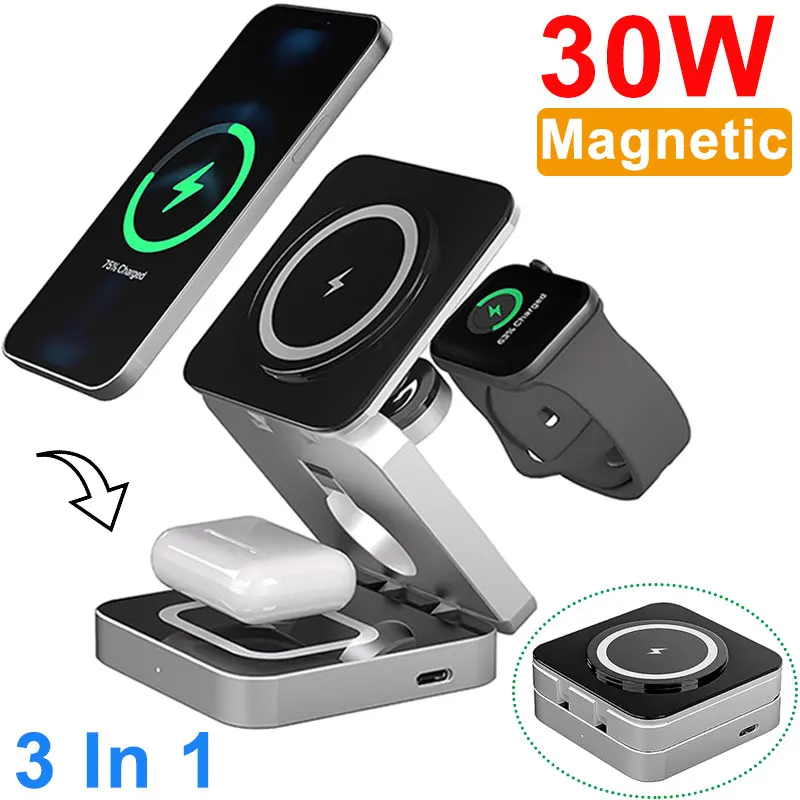 3 in 1 Strong Magnetic Wireless Charger Stand Pad Foldable for iPhone 14 13 12 Apple Watch 8 7 6 AirPods Fast Charging Station