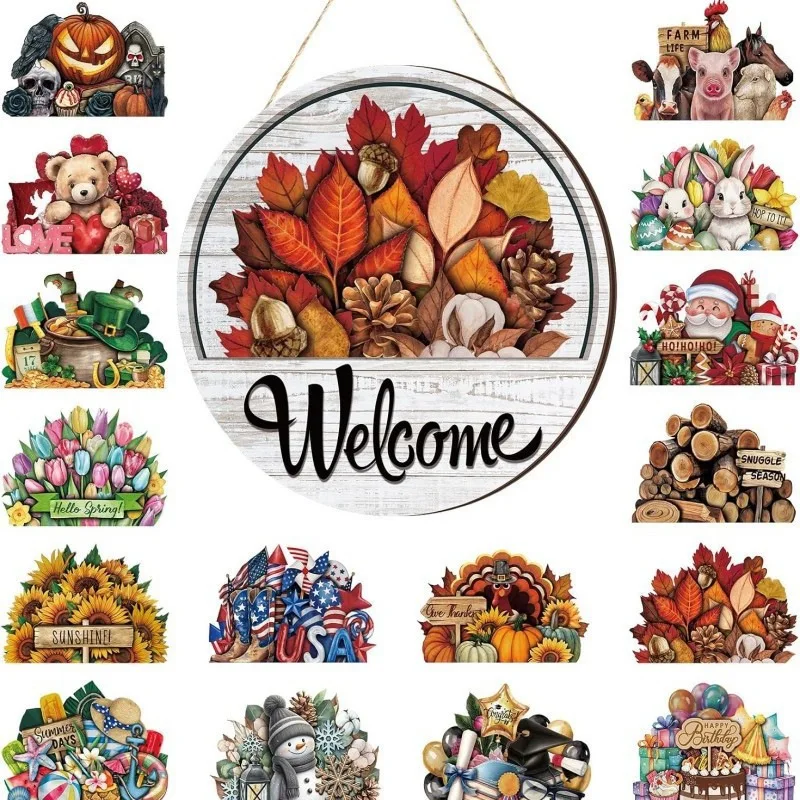 16 PCS Interchangeable11.8'' Magnetic Welcome Sign for Front Door,  with 16 Magnetic Icons, One Sign for Every Season for Gifts