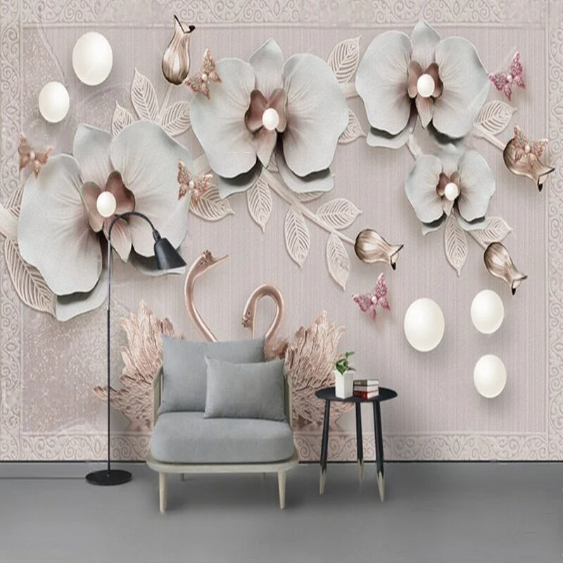 

Custom 3D Wall Mural Wallpaper Modern Butterfly Flower Swan Design for TV Background For Living Room Home Decor Bedroom