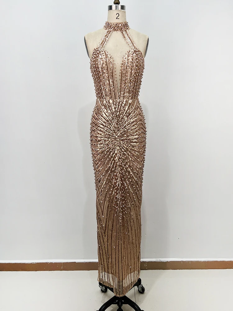 أزياء فاخرة الذهب الترتر الرسن الرقبة حزب ثوب رسمي حفلة موسيقية Bodycon حورية البحر اللباس لحفلات الزفاف والمناسبات الخاصة