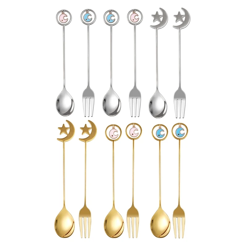 Eid Mubarak Spoon Fork Star Moon Pendant Stainless Steel Dessert Spoons Teaspoon Ramadan Holiday Home Party Dropshipping