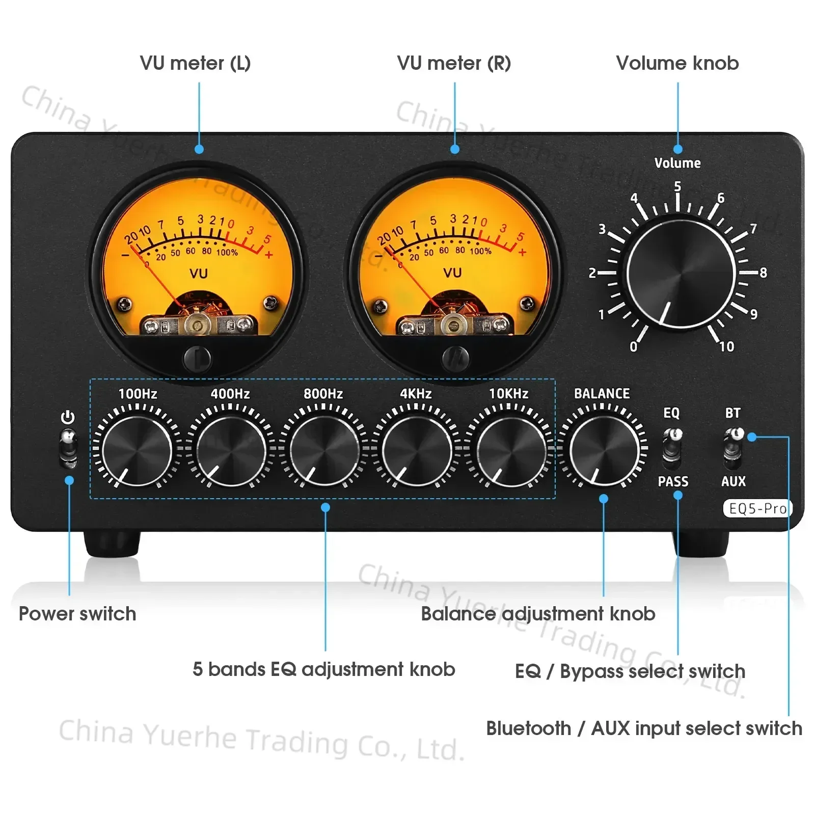 

EQ5 PRO Bluetooth 5-Band Preamp EQ Equalizer 3.5mm AUX Analog Audio Processor for Speaker/Amplifier with VU Meter
