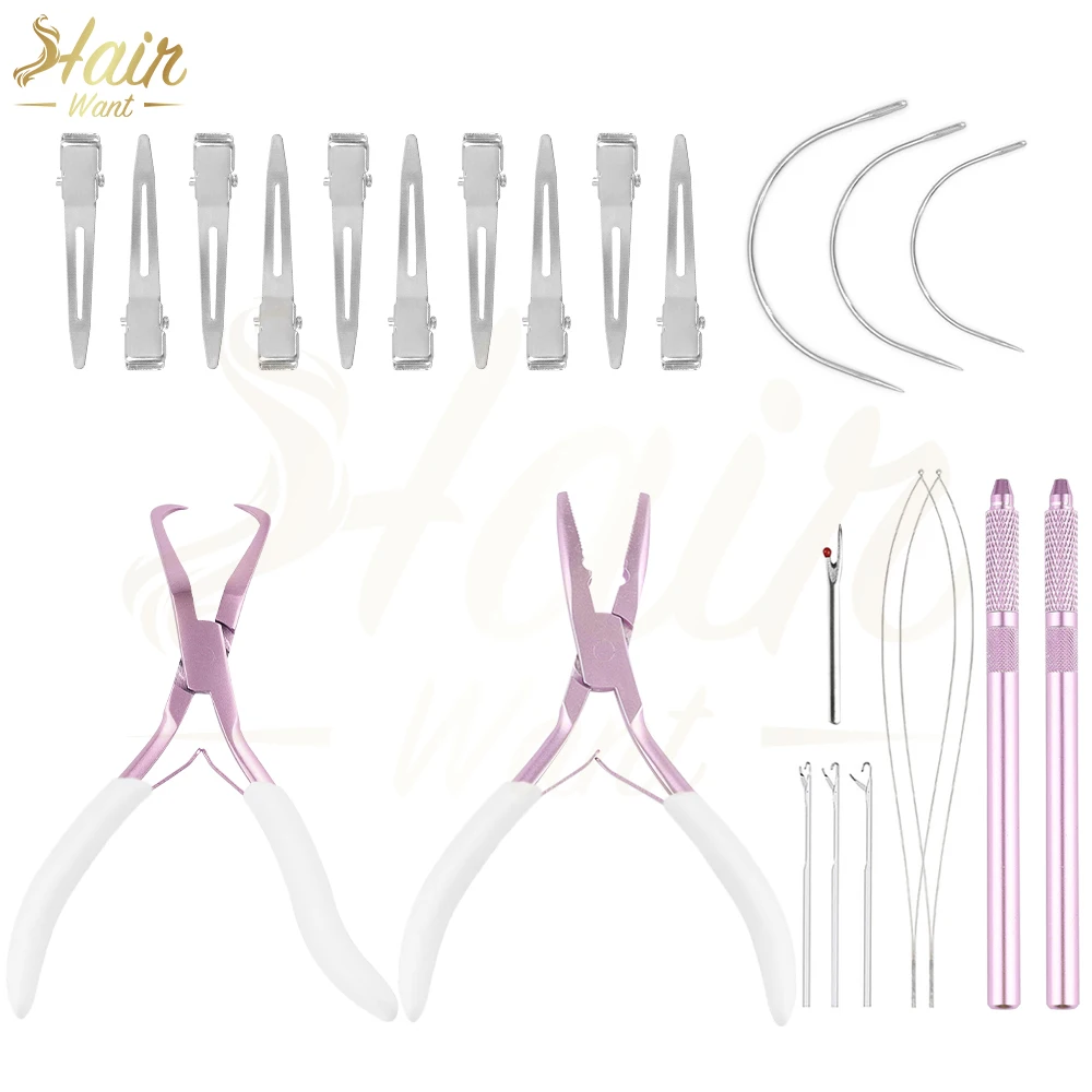 

Hair Want Hair Extension Pliers Kit for Weft Extensions Micro Beads Opener Pliers Metal Hair Clips Needle Threader Loop Tool