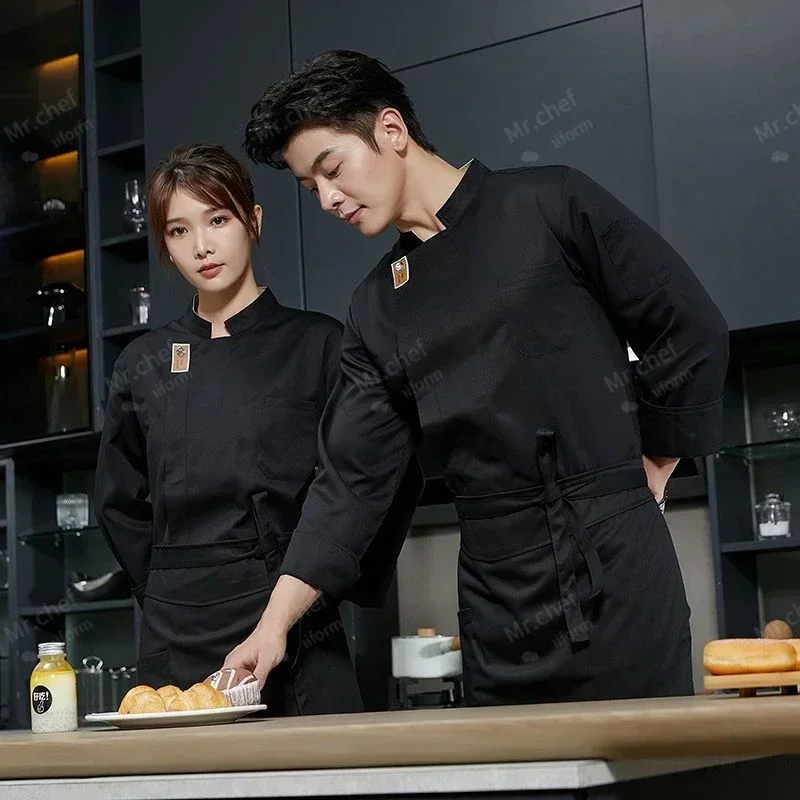 grembiule da giacca da cuoco bianco da uomo a maniche lunghe uniforme da cuoco cappotto nero camicia da cuoco traspirante ristorante abiti da lavoro da cucina logo da donna